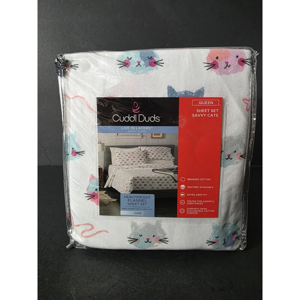 Cuddl Duds Heavy Weight FLANNEL Sheet Set - Sweet KITTY CATS - QUEEN❤️NEW❤️